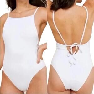 ANDIE Ribbed One Pcs Swimsuit Sz M The Paloma Lace Up White Feminine Retro NWT